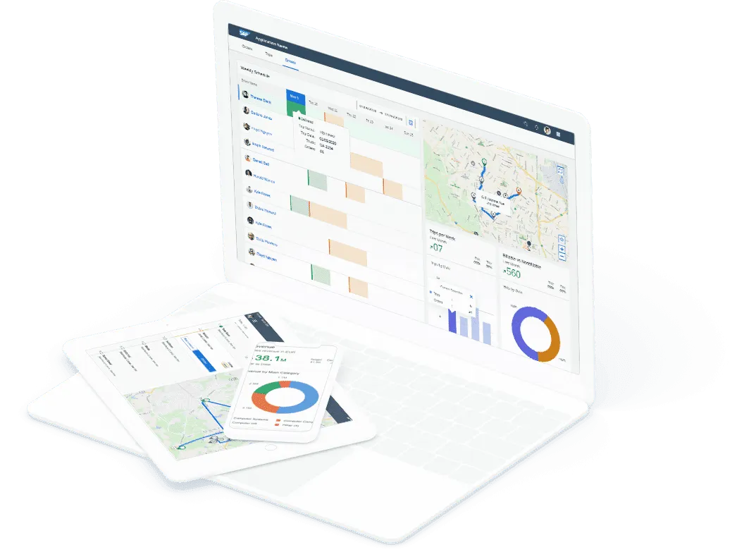 SAP Fiori dashboards on a laptop, tablet and phone