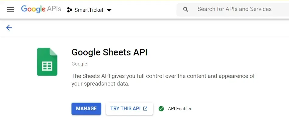 Google Sheets API page in the Google Cloud console, with the API enabled