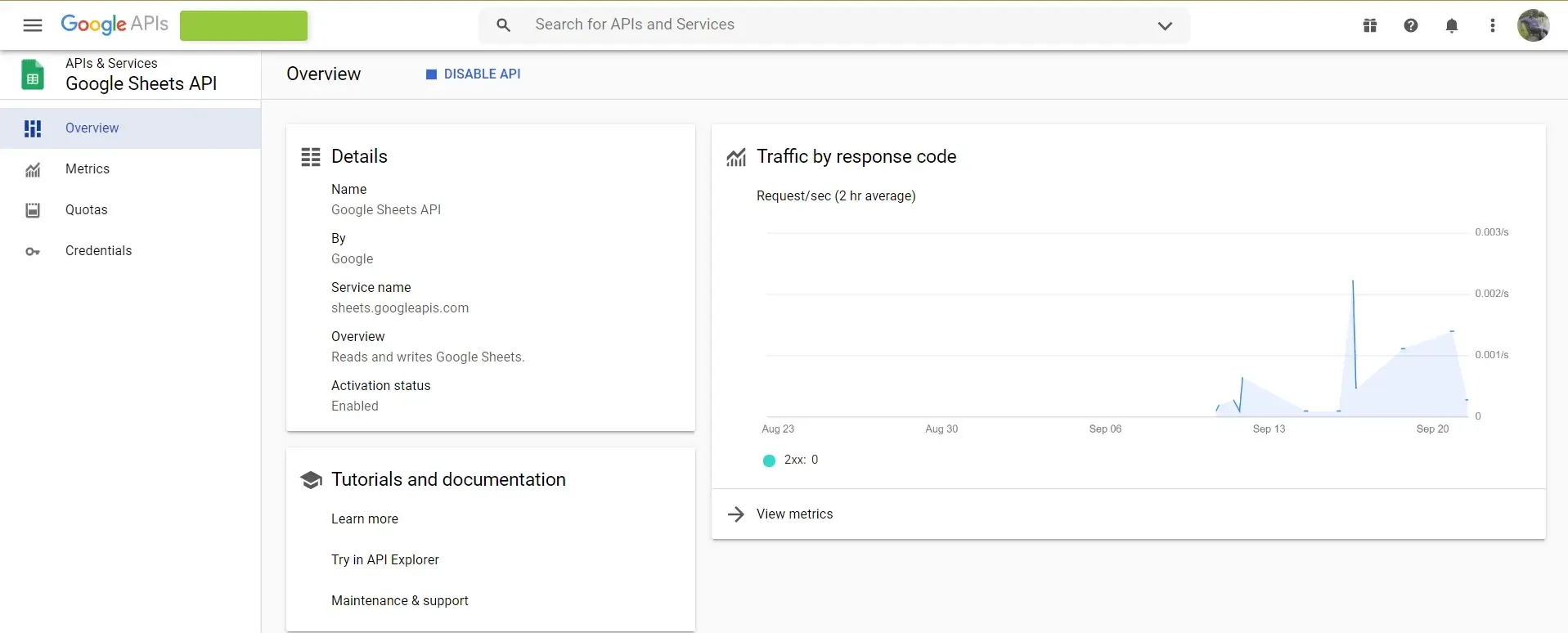 Google Sheets API overview page showing traffic and API details