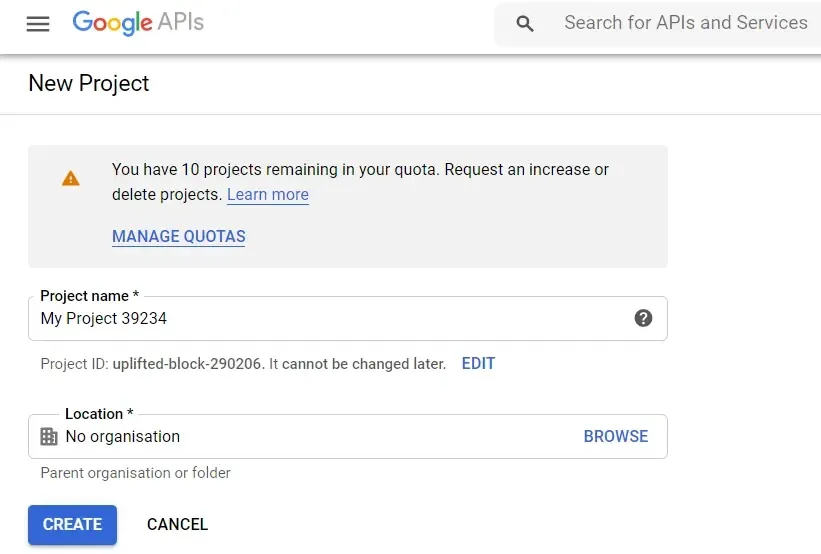 Google Cloud console New Project form, the first step in setting up the Sheets API