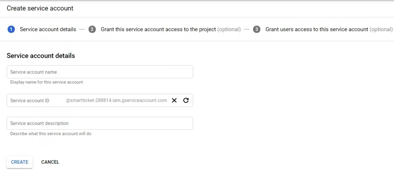 Create service account form with name, ID and description fields