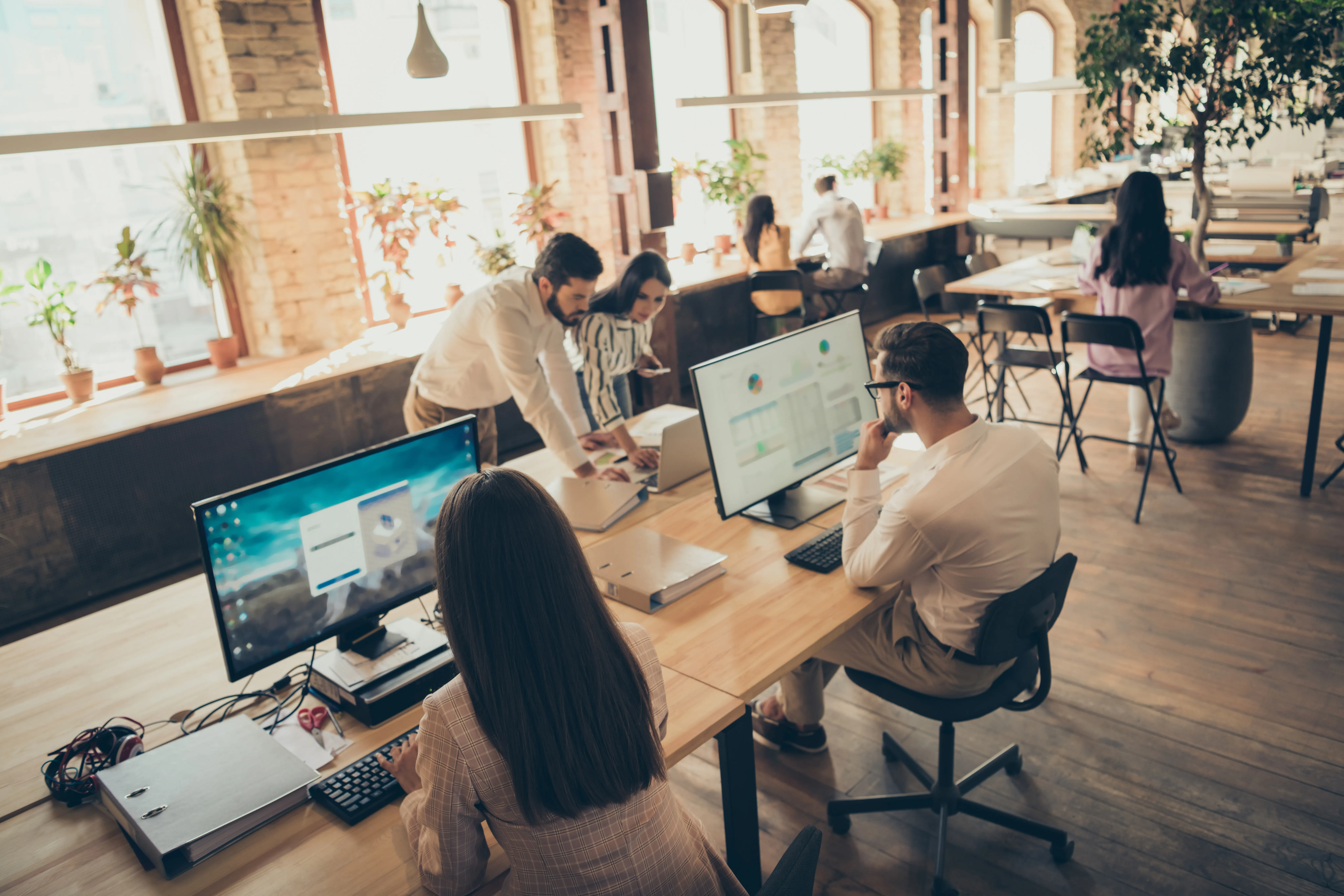 Colleagues working at computers in a bright open office