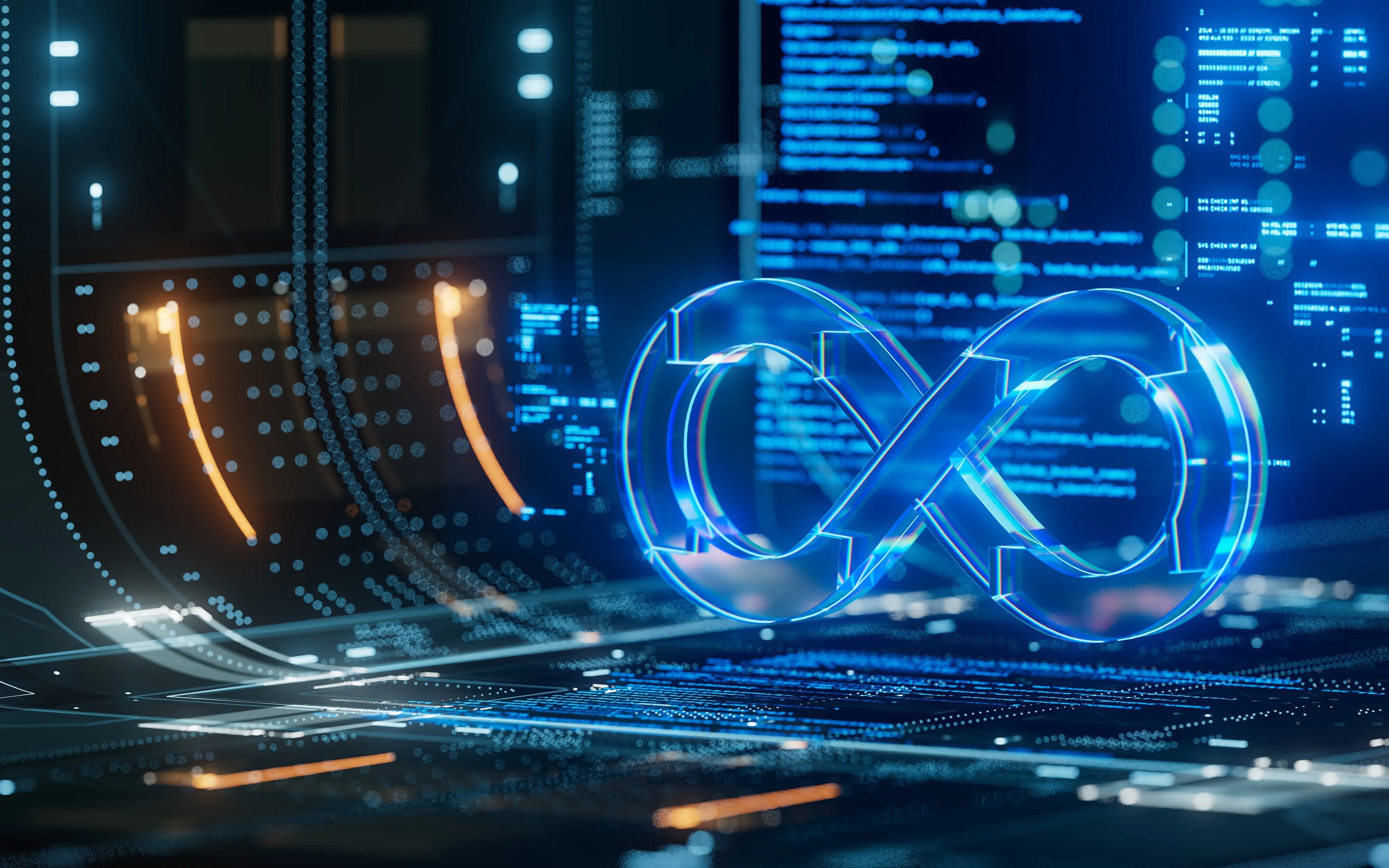 A glowing infinity loop over lines of code, a symbol of continuous delivery