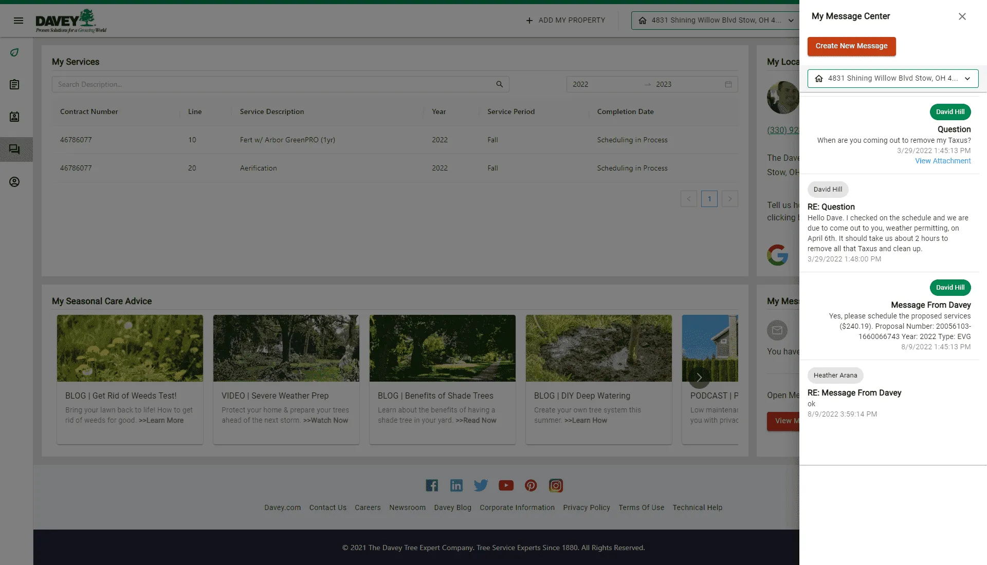 The MyDavey customer portal, showing scheduled services, seasonal care advice and the message center