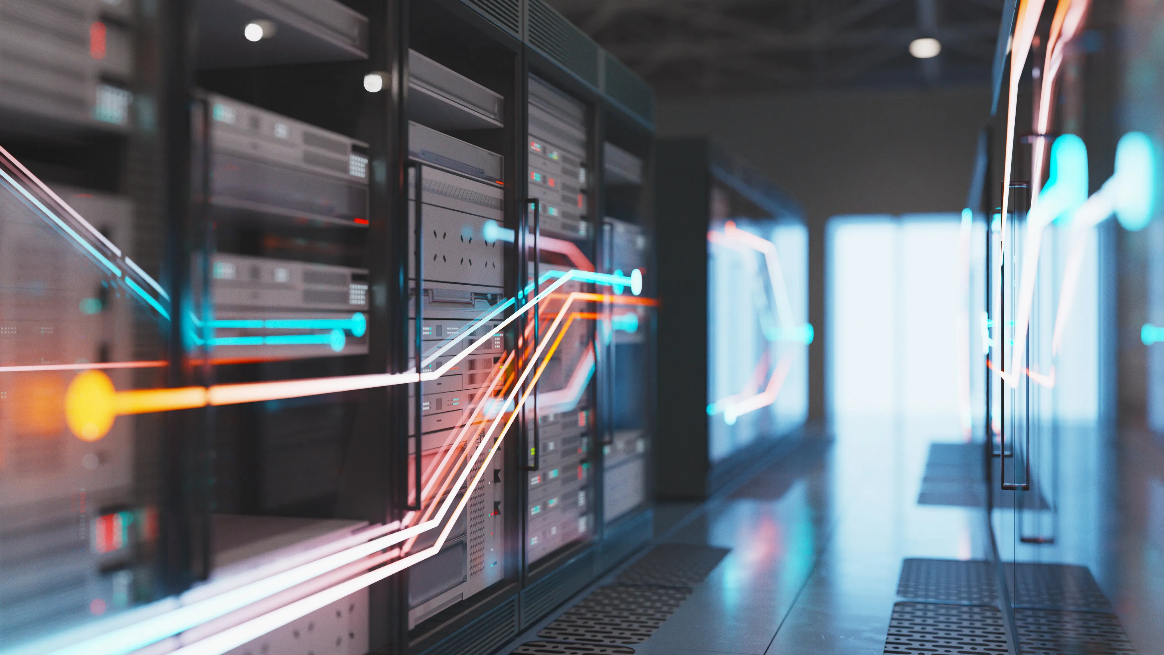 Server racks in a data center crossed by streaks of light