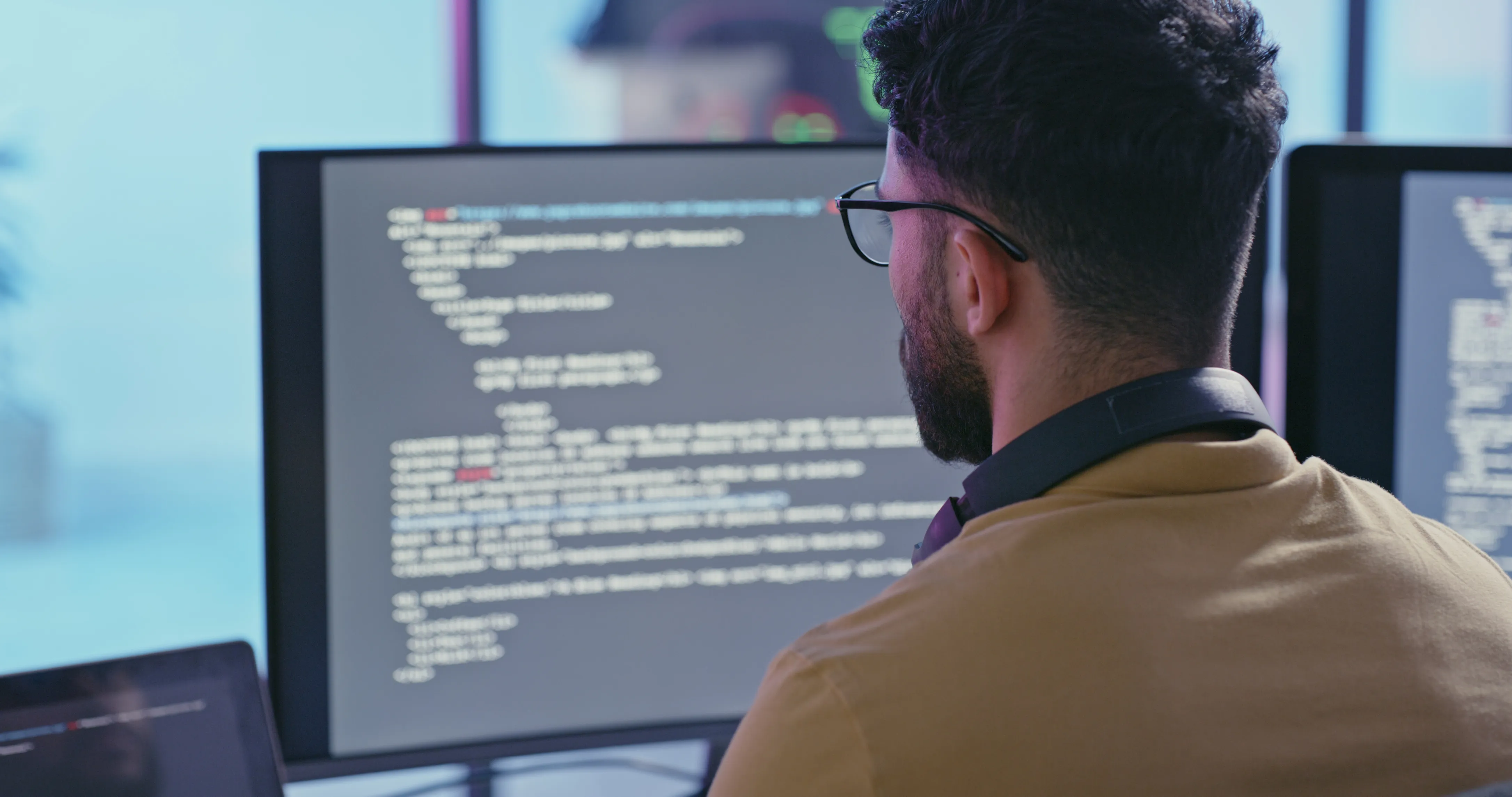 A developer working across screens of code