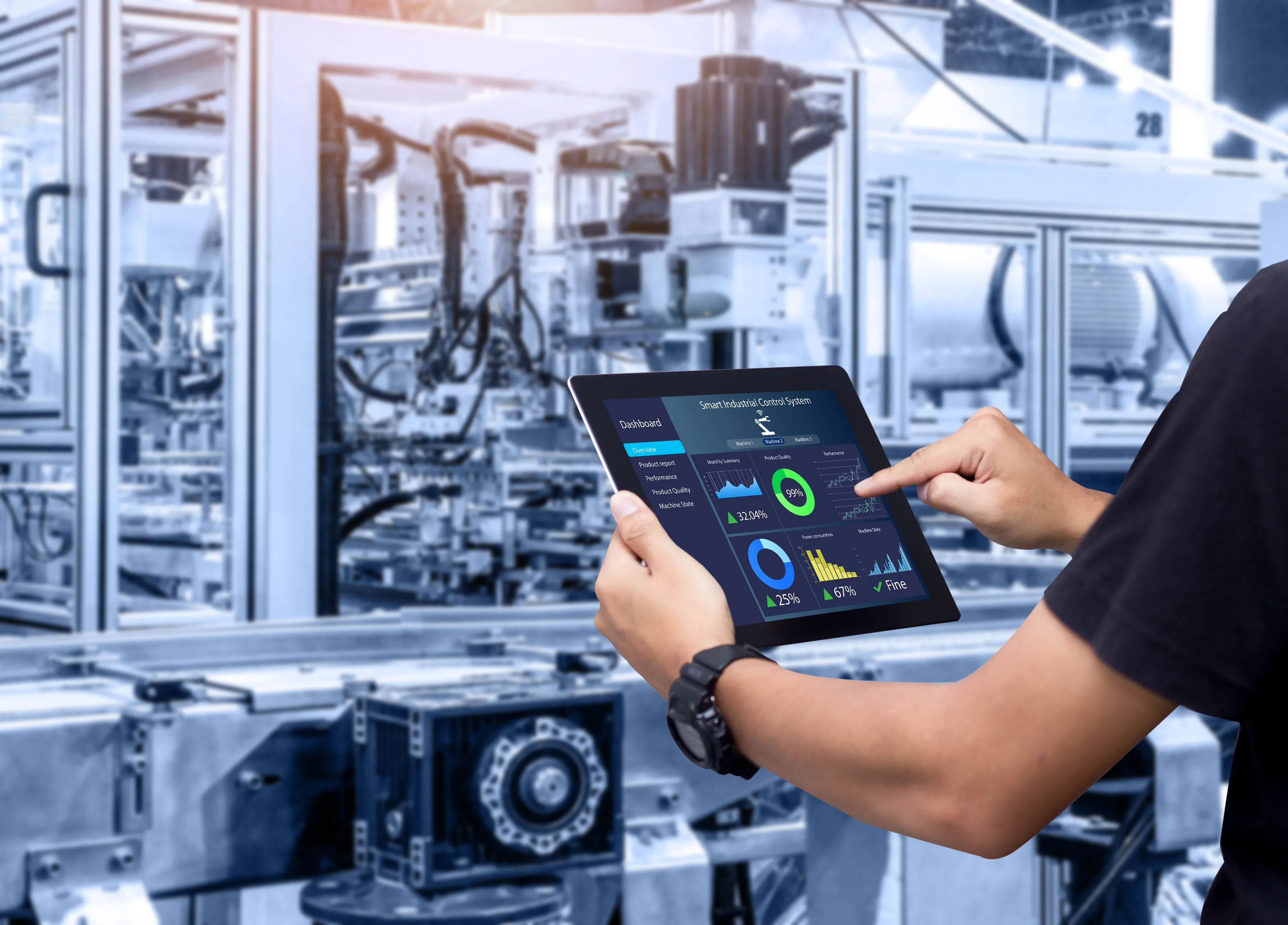 A tablet dashboard on a factory floor