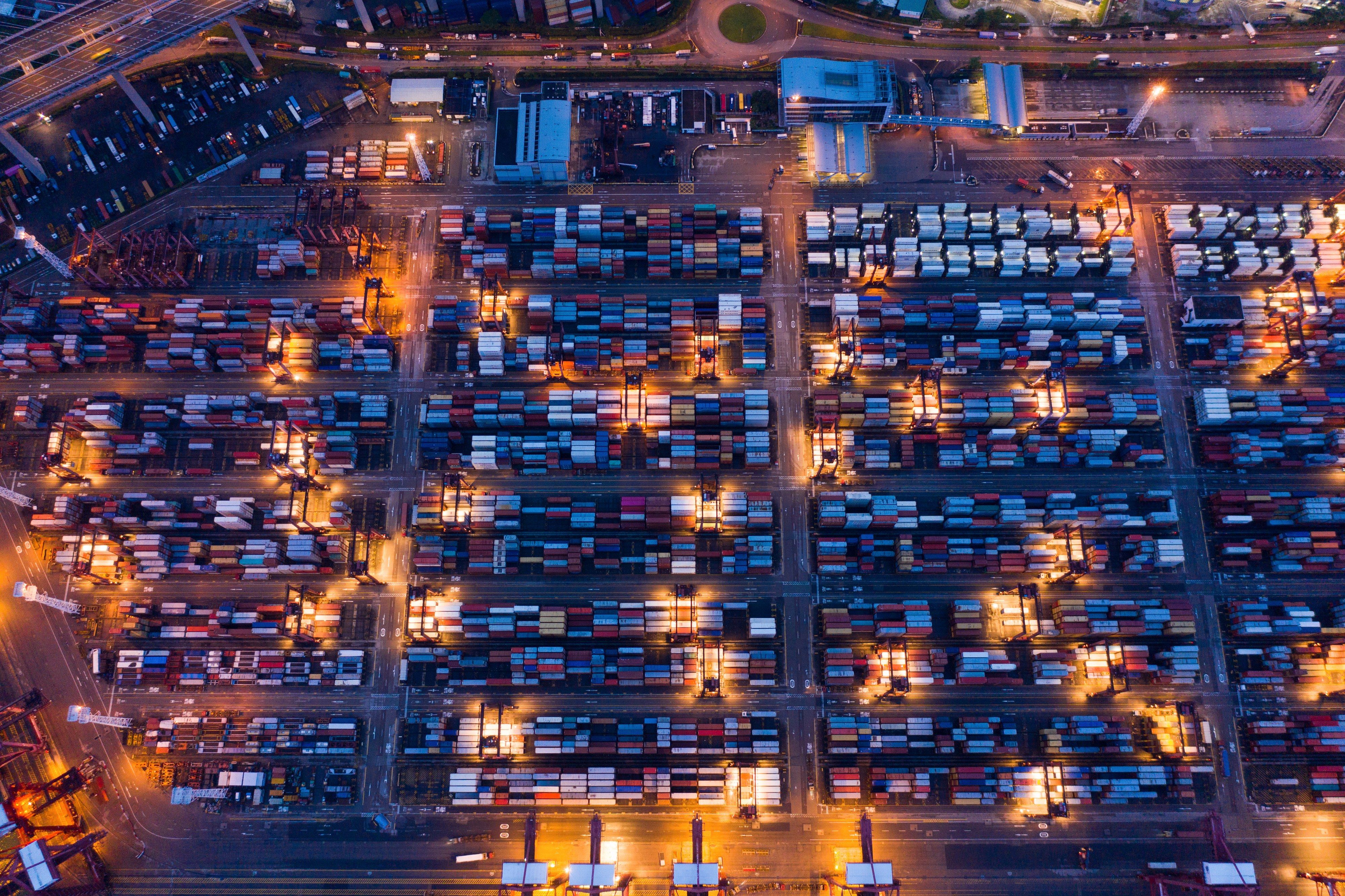 A container port lit up at night
