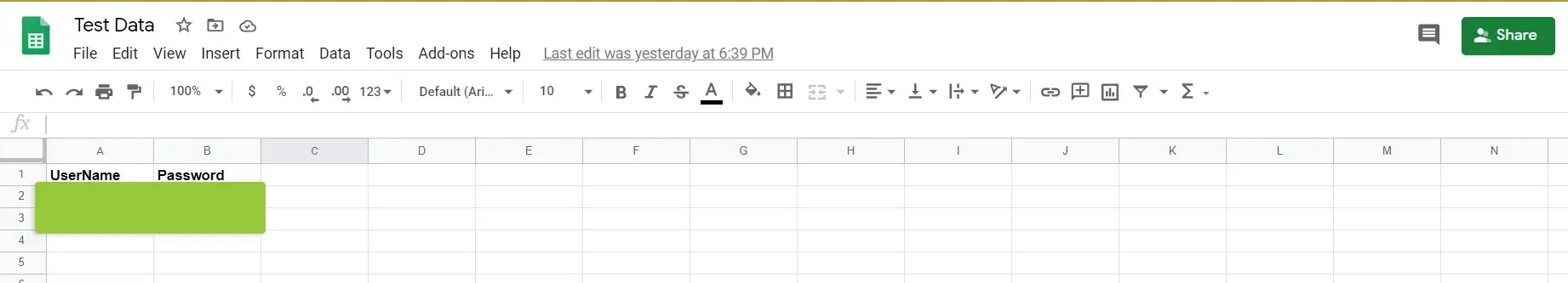 Test Data Google Sheet with Username and Password columns