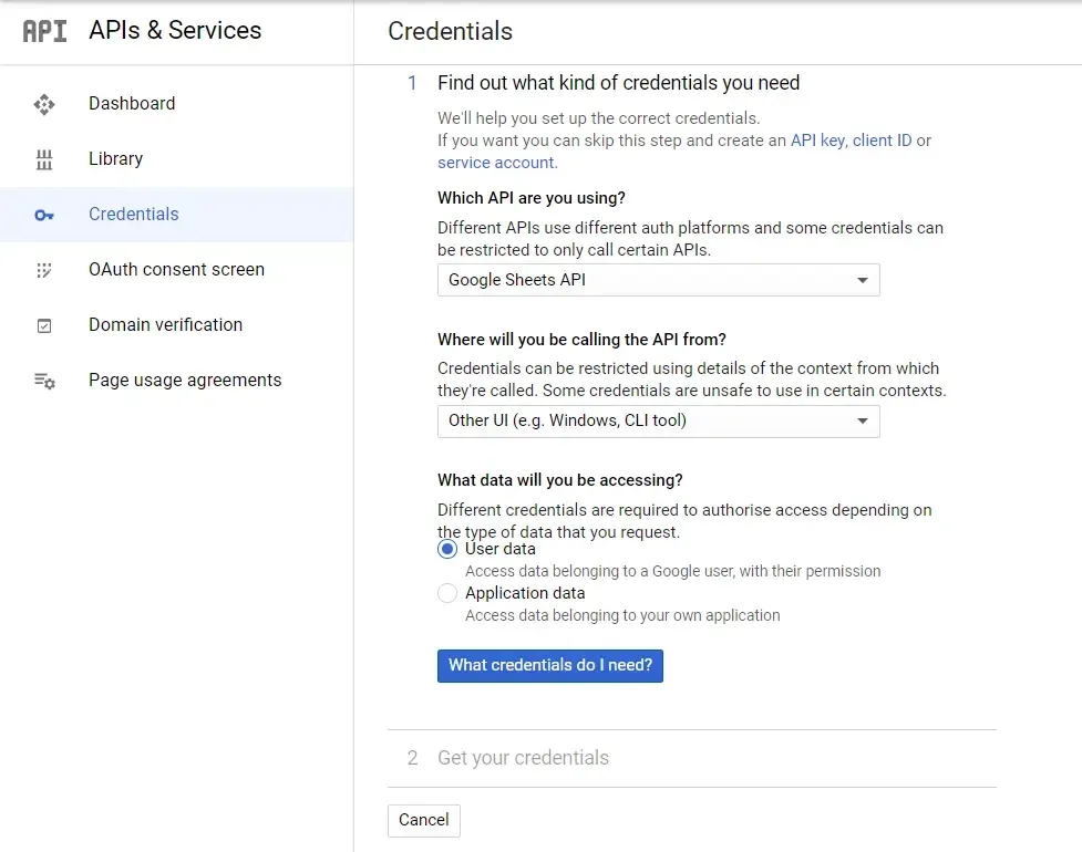 Credentials wizard asking which API you are using and what data you will access