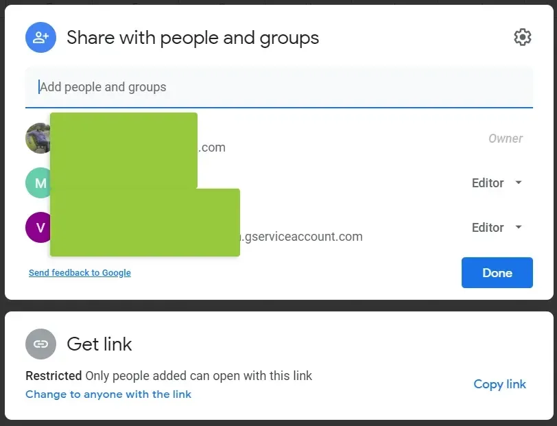 Sheet sharing dialog adding the service account as an editor