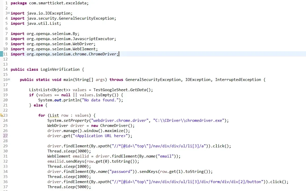 Java LoginVerification class that reads sheet rows and drives Chrome with Selenium
