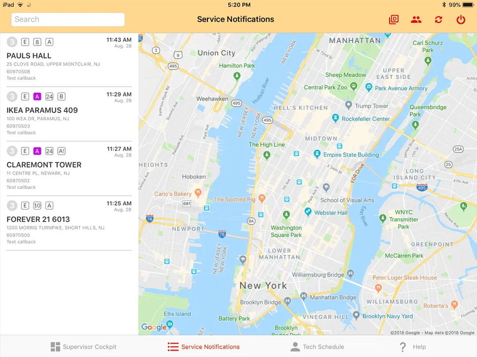 The field service app's Service Notifications screen: a list of service calls beside a map of New York