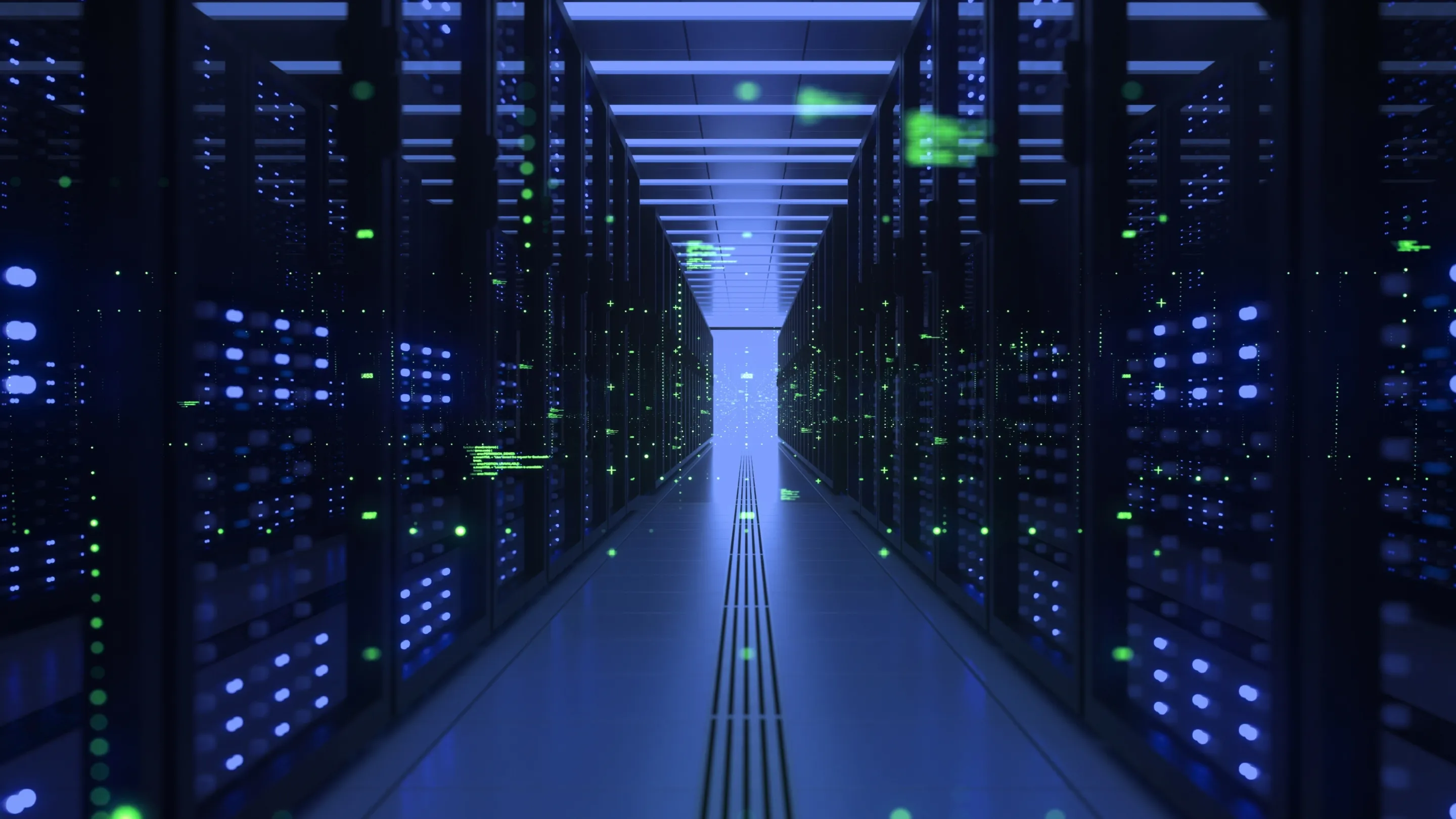 A server corridor lit in blue