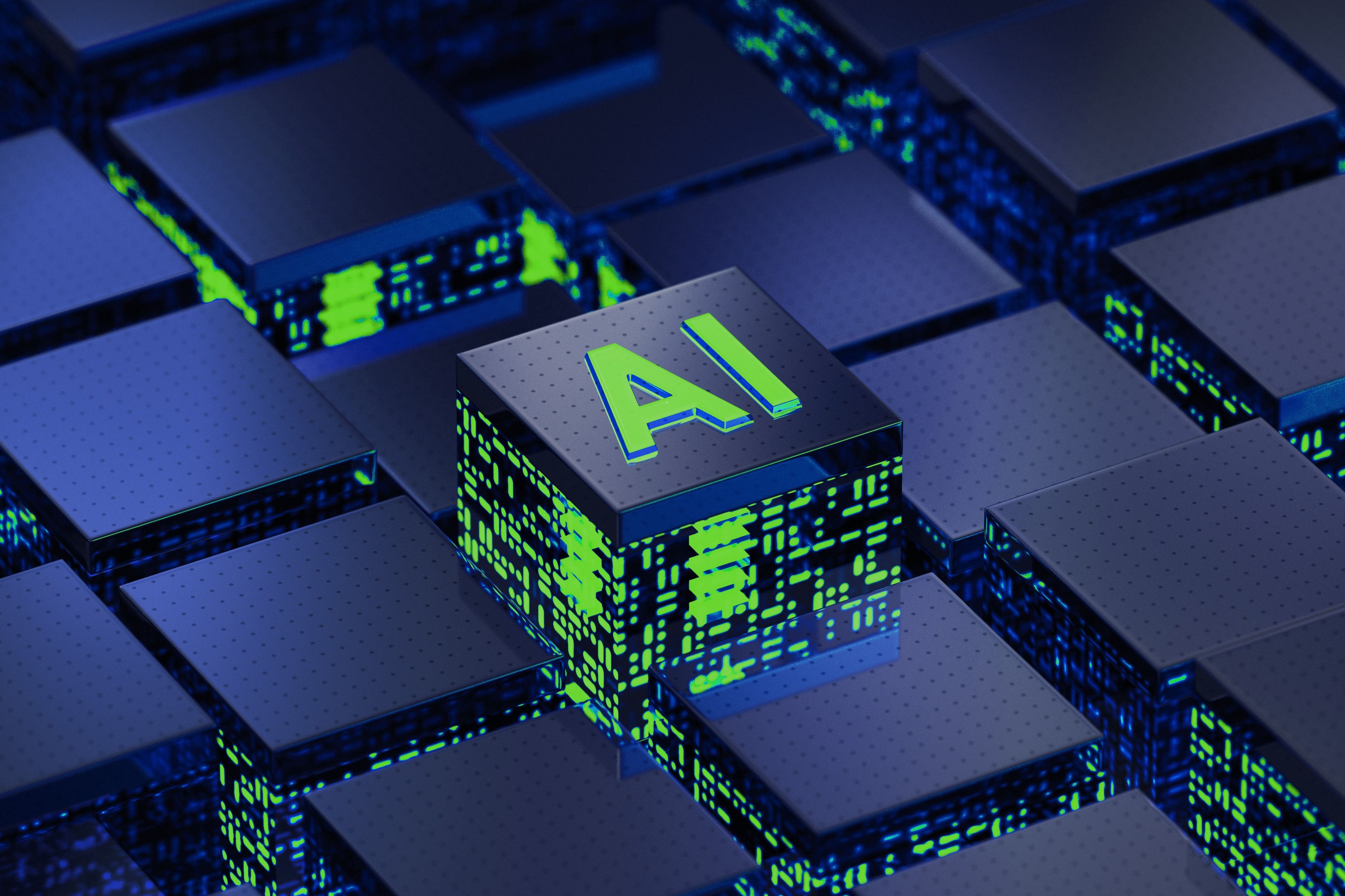 A glowing AI chip on a grid of dark processor blocks