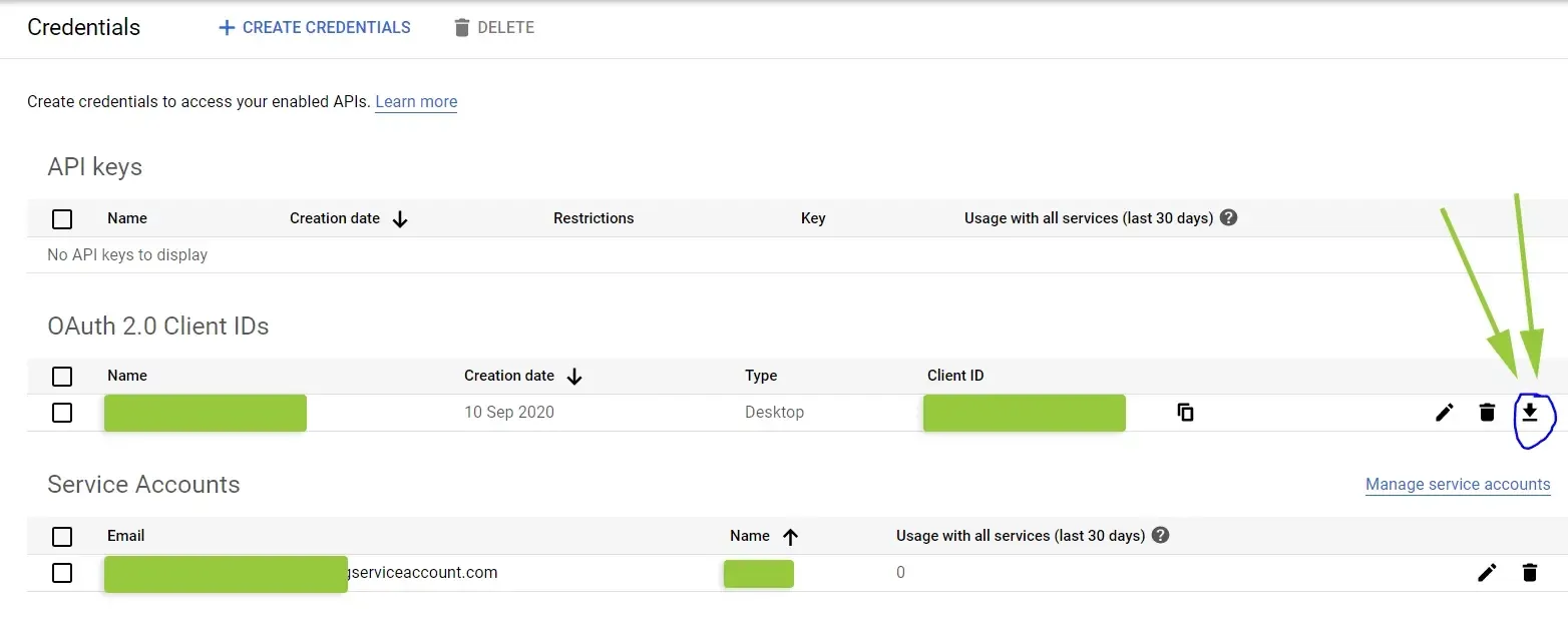 Credentials page listing the OAuth 2.0 client ID and the service account