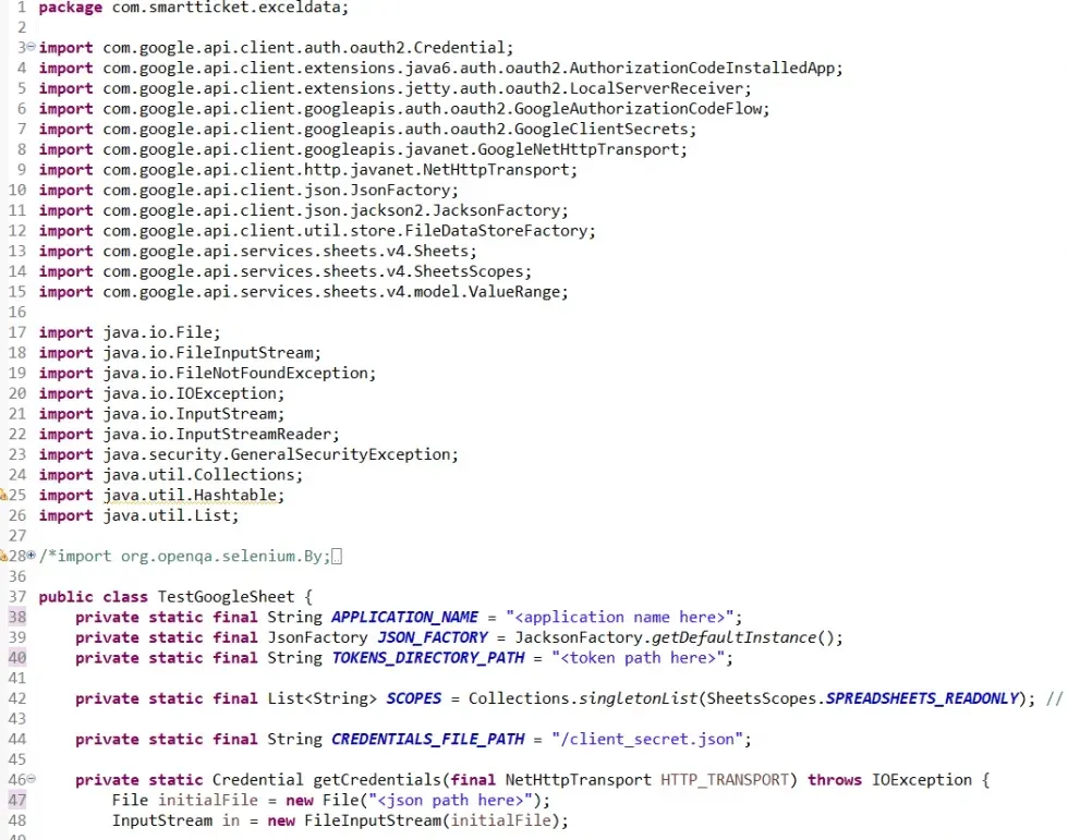 Java TestGoogleSheet class with Google Sheets API imports and credential setup